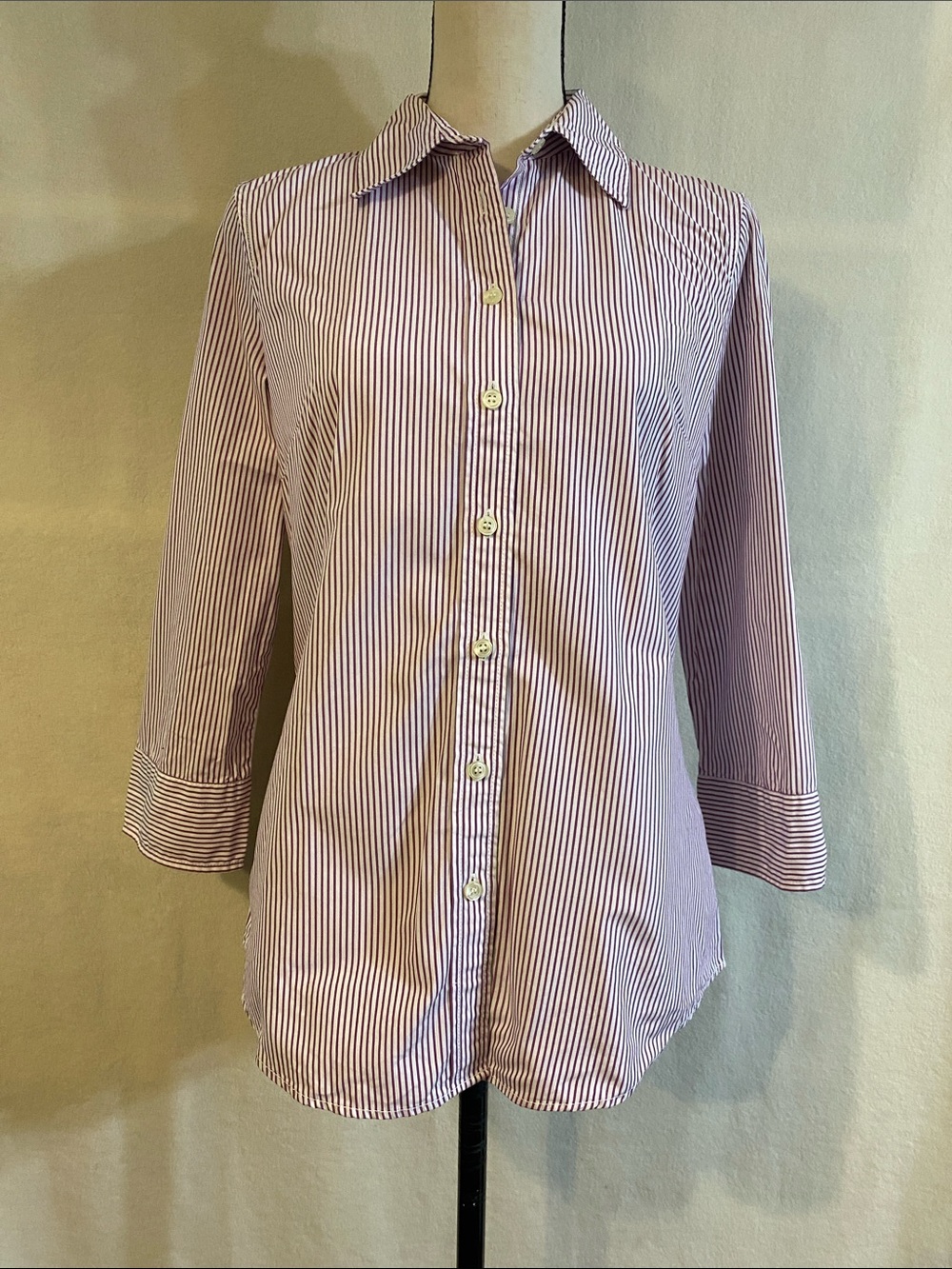 J. Crew 3/4 sleeve purple white striped cotton button down shirt